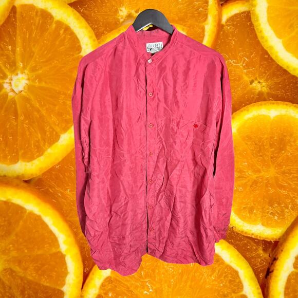 City Streets Men's Red Silk Long Sleeve Band Collar Button-Down Shirt Size L - Picture 2 of 7